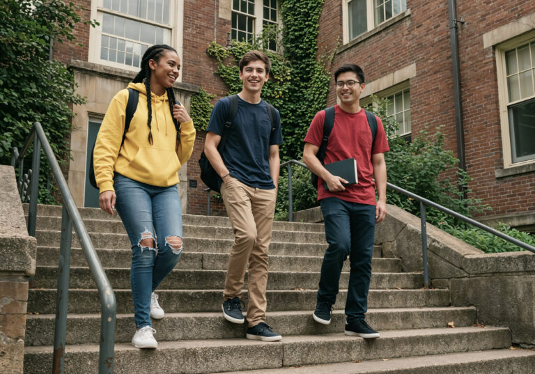 students descending steps campus